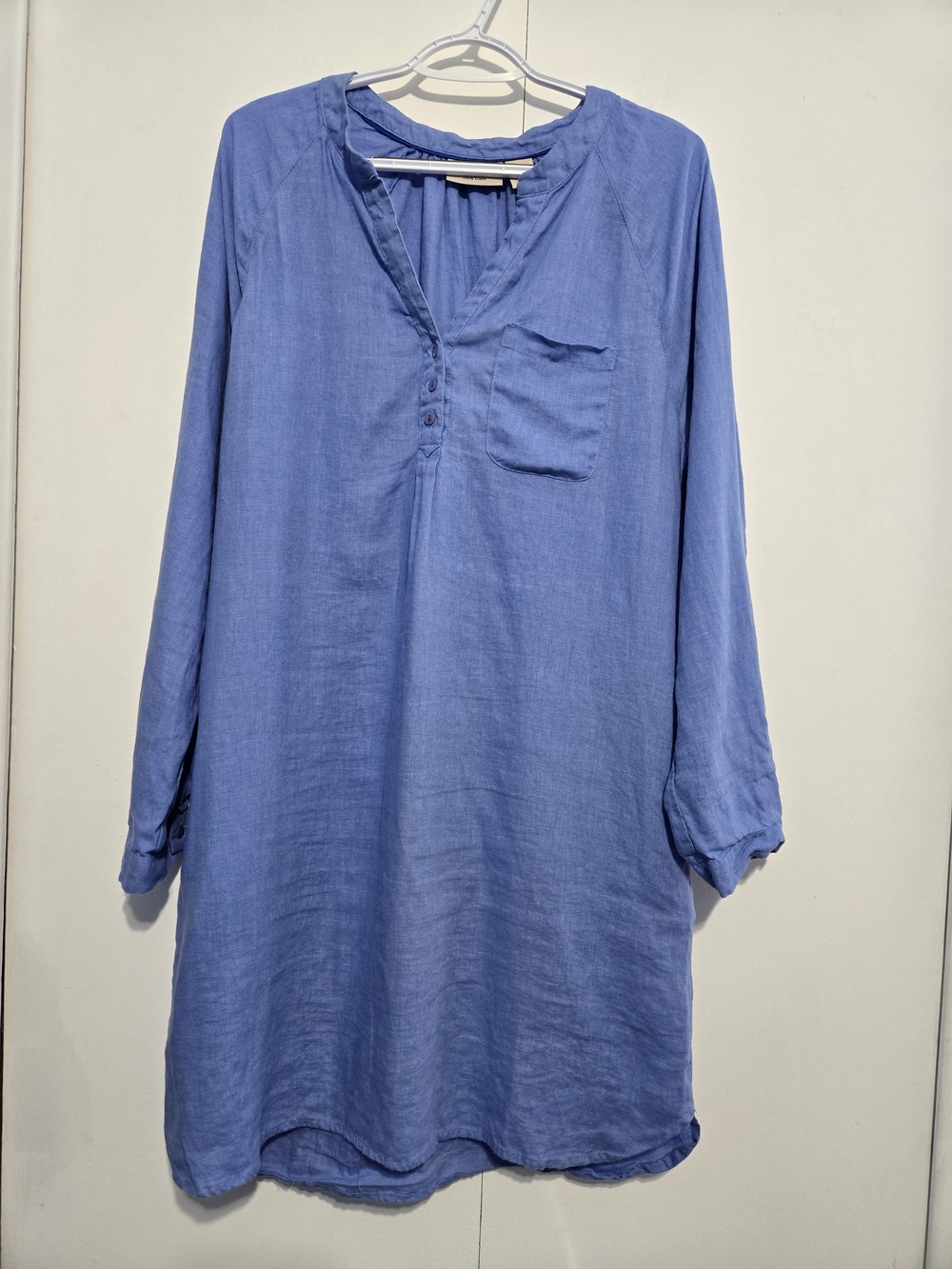 Martha Stewart 100% Linen Tunic Dress Blue Long Sleeve Mini Shift Dress Size L